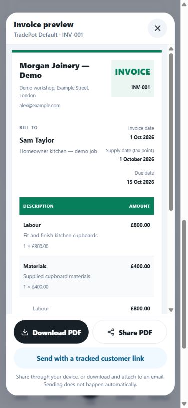 A sample TradePot invoice