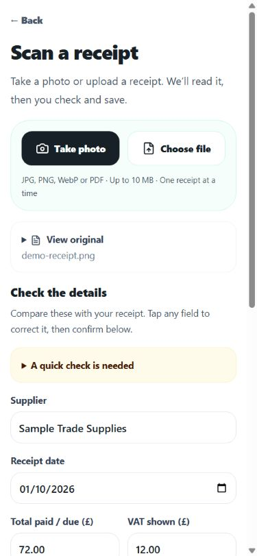 TradePot receipt review screen with details to check before saving an expense