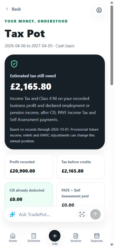 TradePot Tax Pot screen showing an estimated tax figure based on sample records